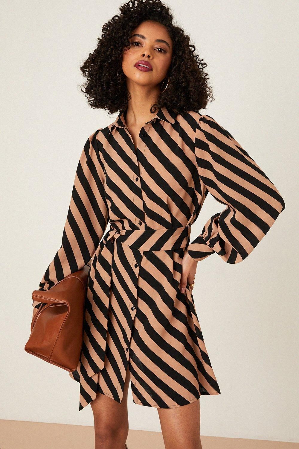 Dorothy Perkins Camel Stripe Belted Mini Shirt Dress Camel image 2