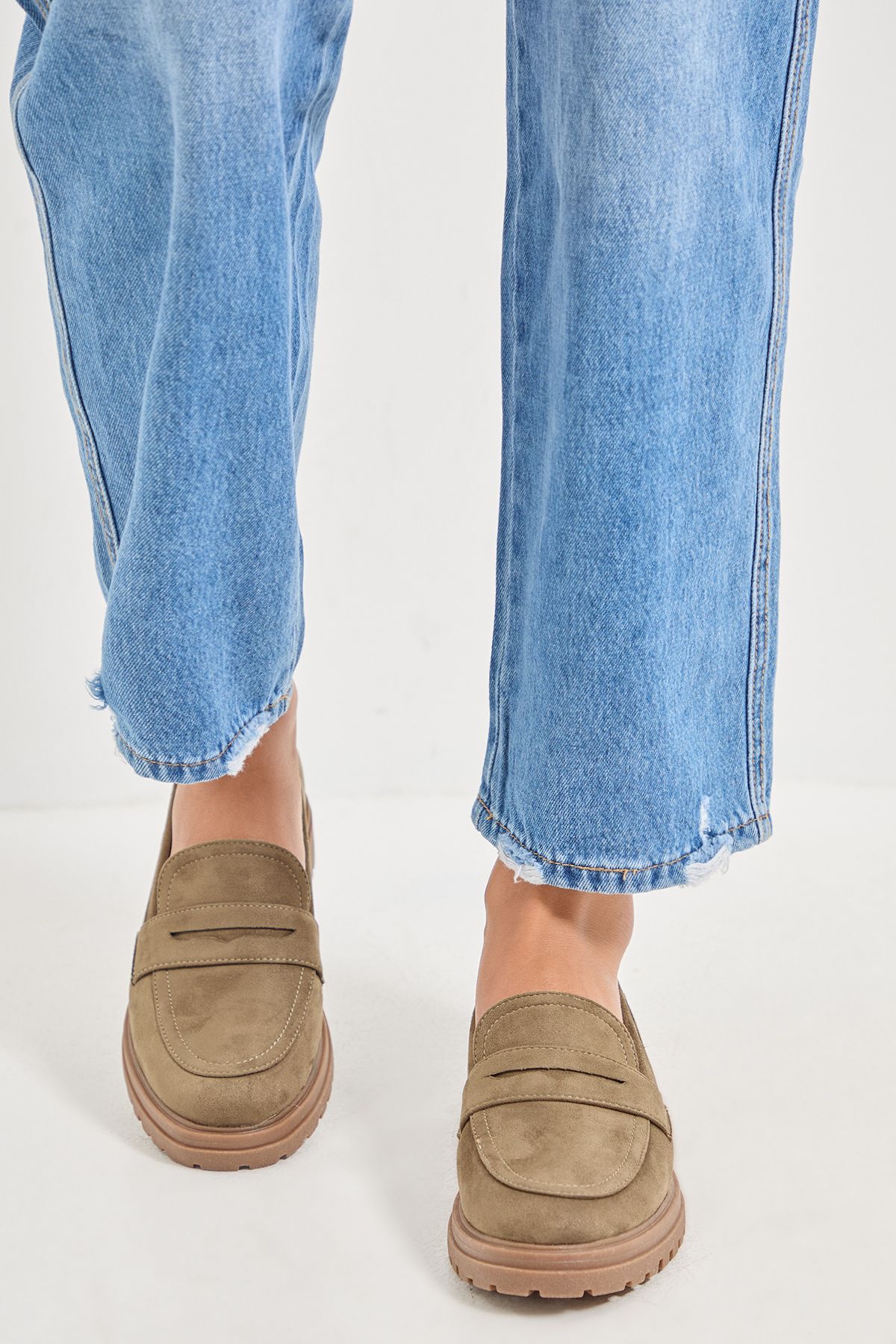 Oasis Kendra Faux Suede Chunky Penny Loafers Olive image 1