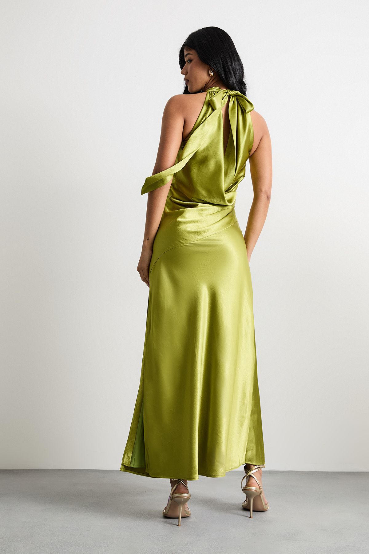 Warehouse Satin Tie Neck Cowl Front Maxi Dress Olive image 3