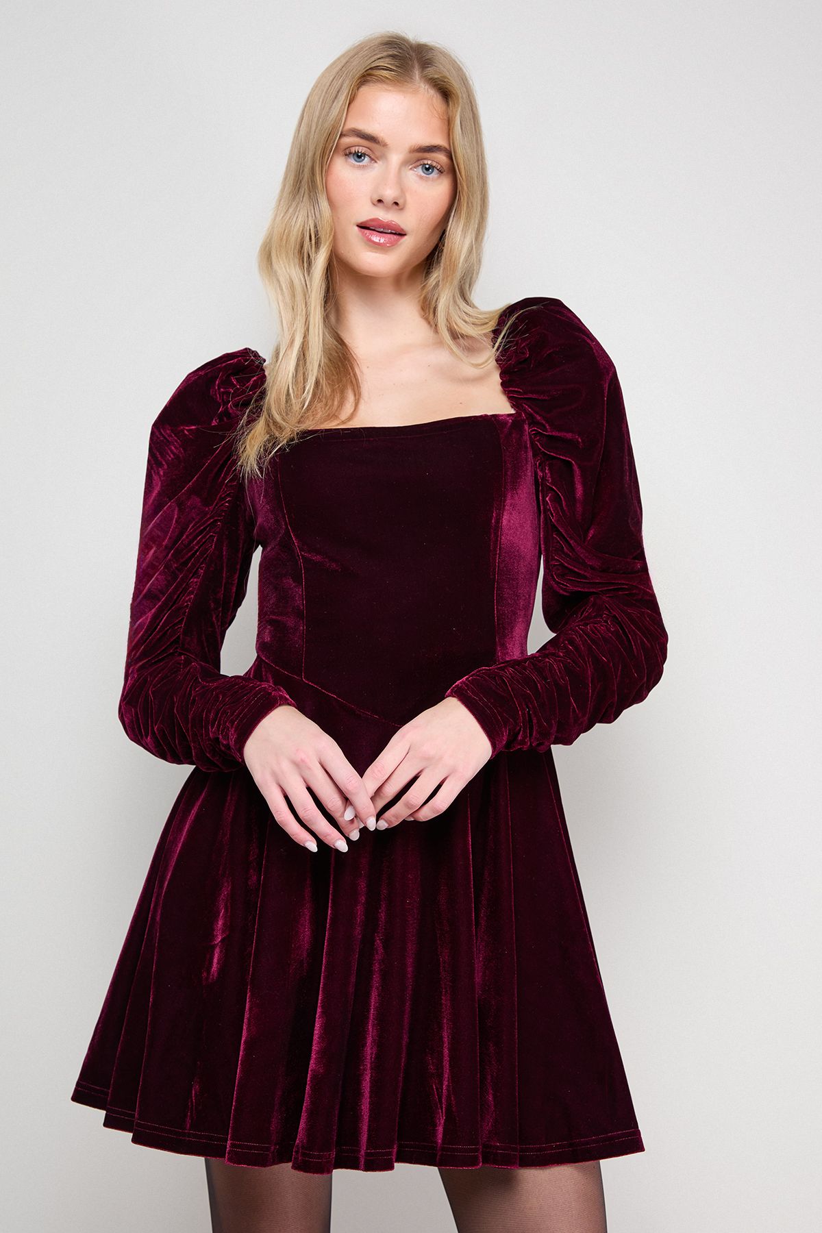 Oasis Puff Sleeve Mini Skater Dress Burgundy image 2