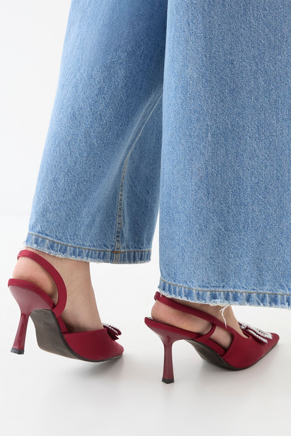 MissPap Pearl Bow Detail High Stiletto Heel Sling Back Court Shoes Red image 3