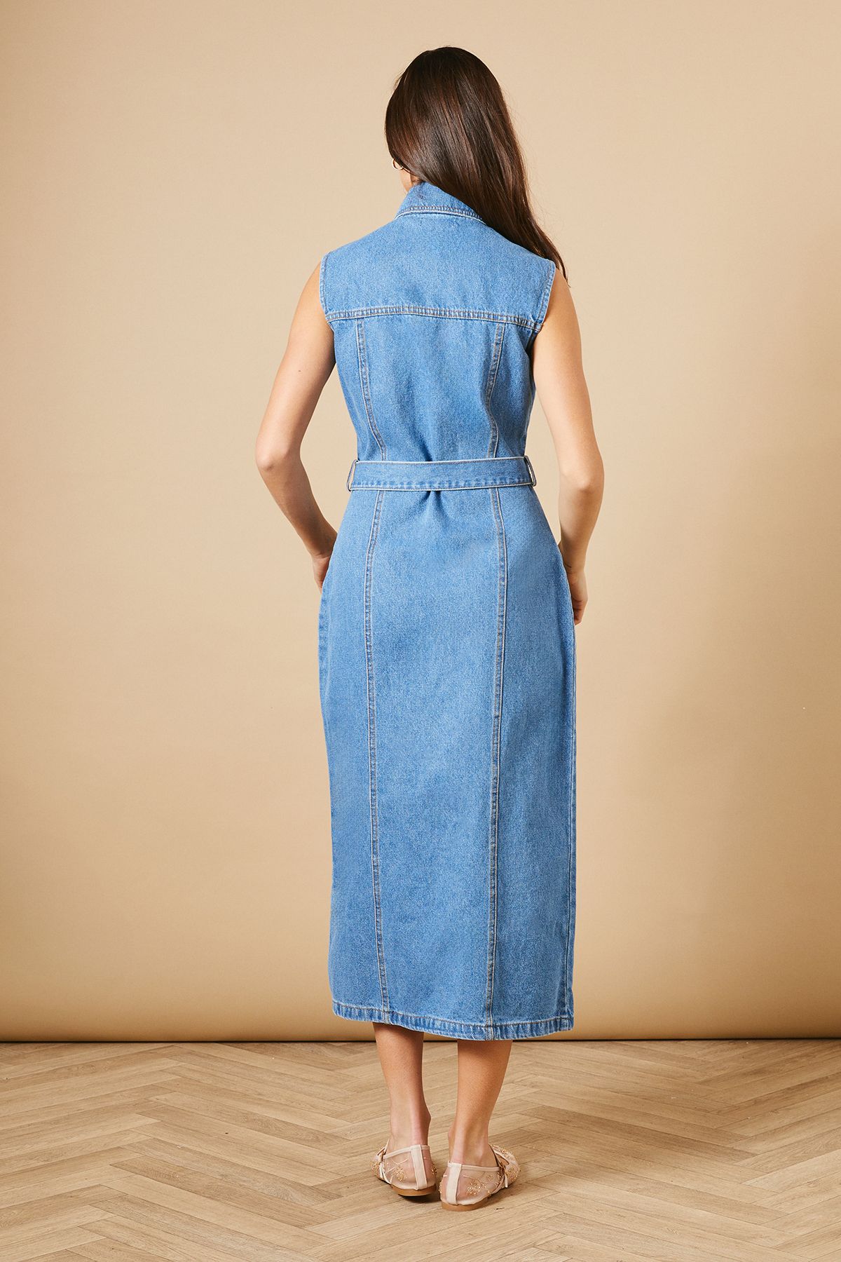 Oasis Belted Waist Pocket Detail Midi Dress Mid Wash image 5