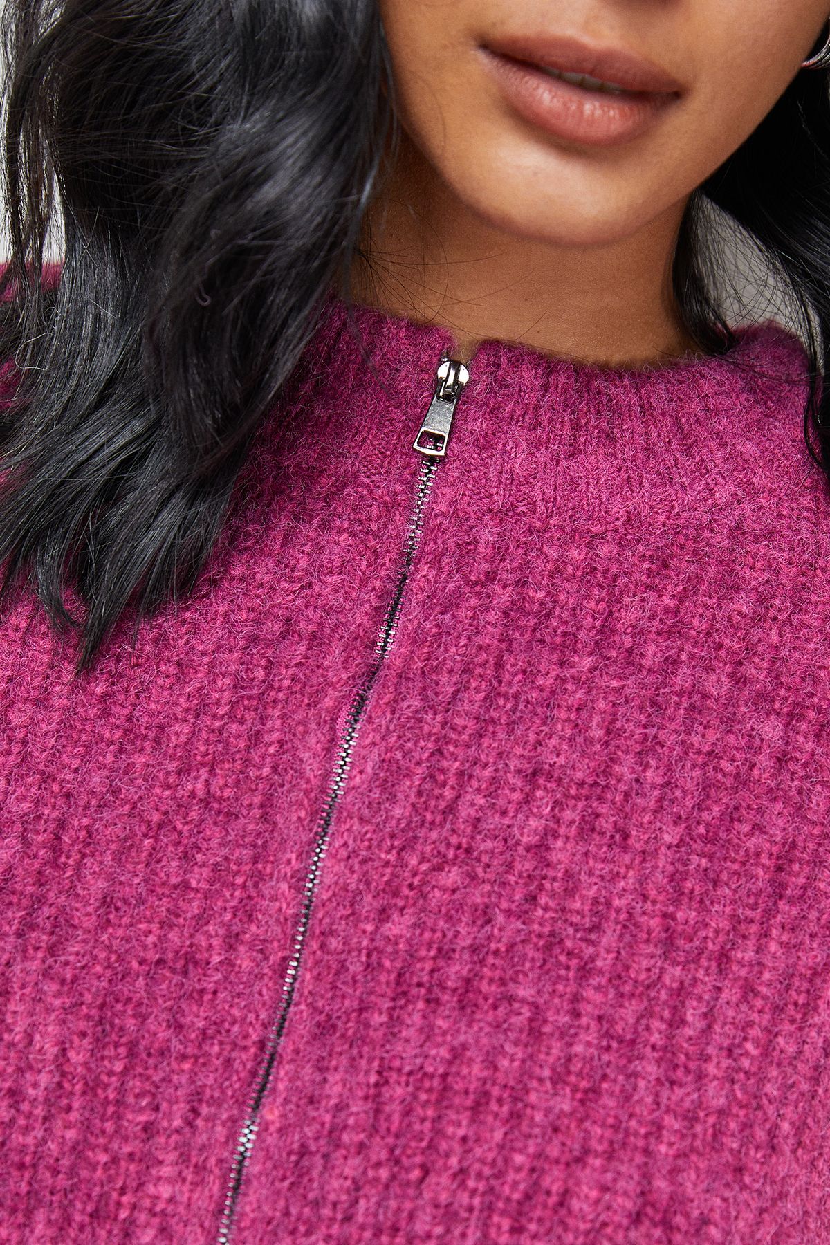 Warehouse Zip Up Rib Crew Cardigan Pink image 5