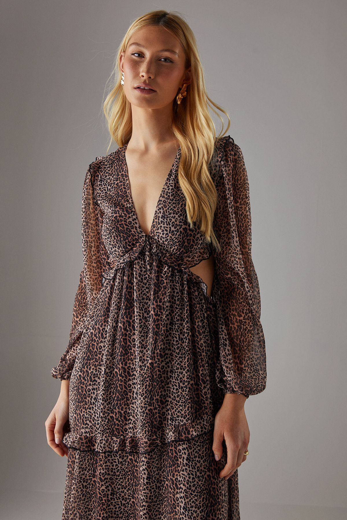 Warehouse Chiffon Cut Out Waist Ruffe Maxi Dress Animal image 2