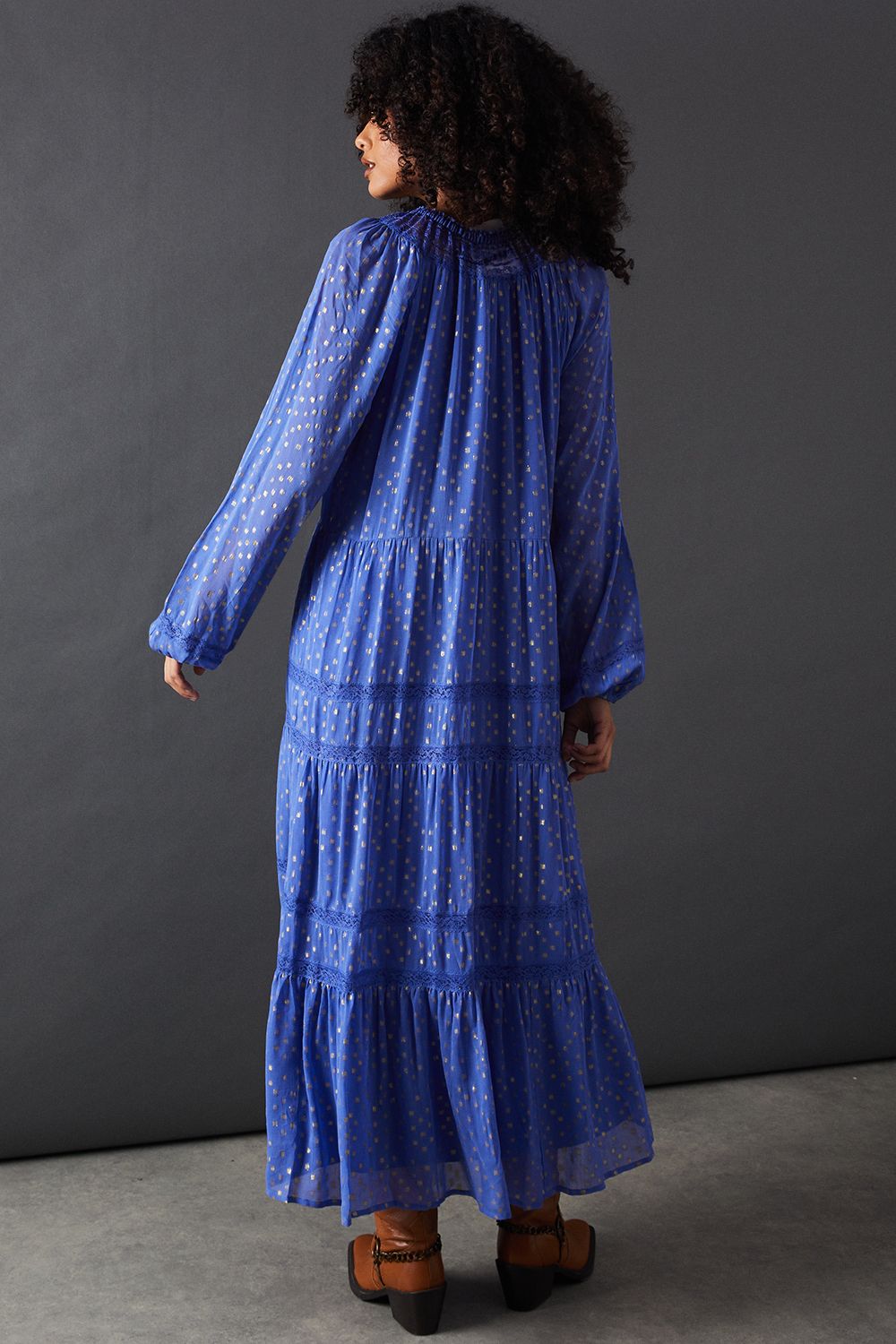 Warehouse Metallic Jacquard Dobby Lace Insert Midi Smock Dress Blue image 3
