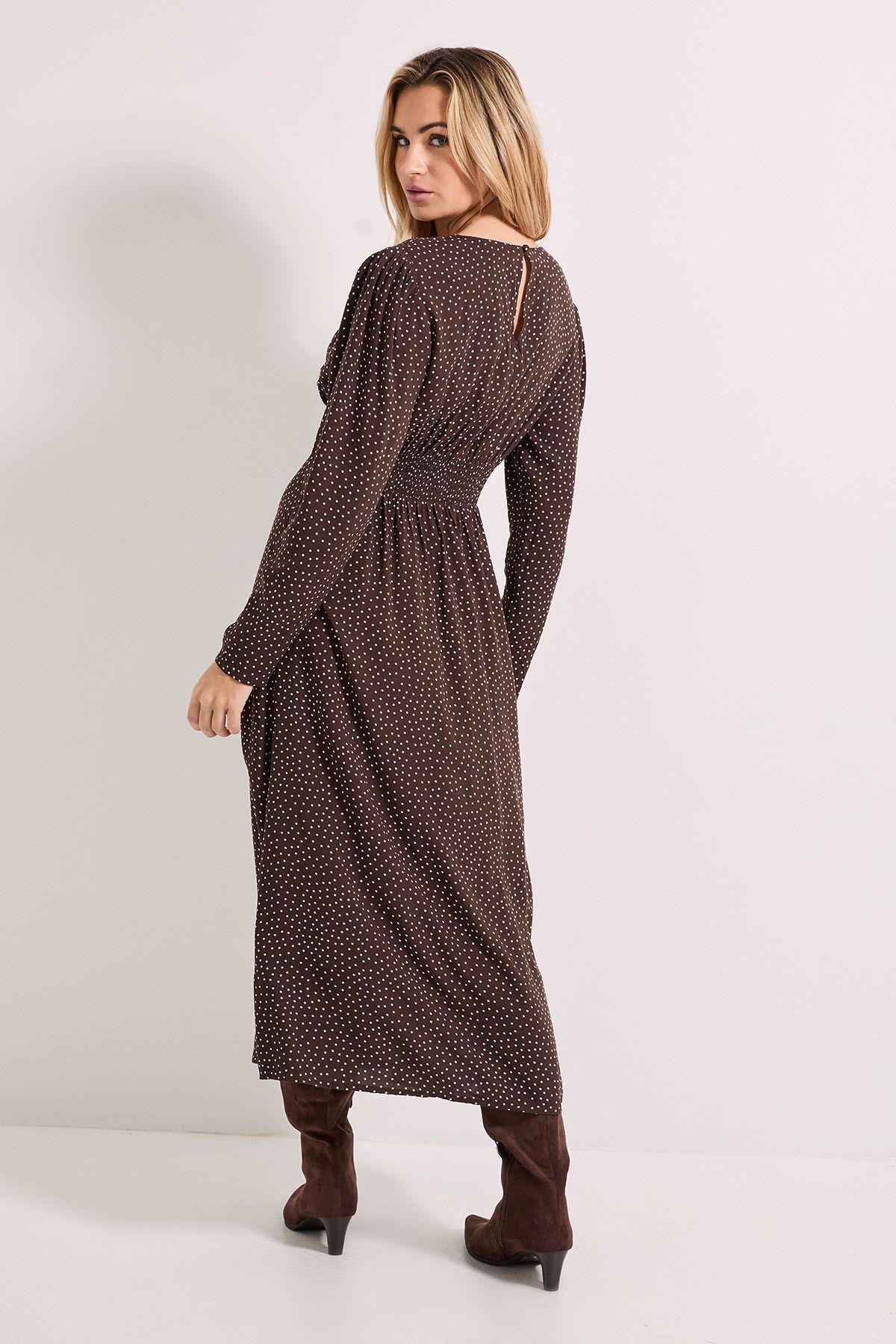 Dorothy Perkins Chocolate Pinspot Shirred Waist Button Detail Printed Midi Dress Chocolate image 3