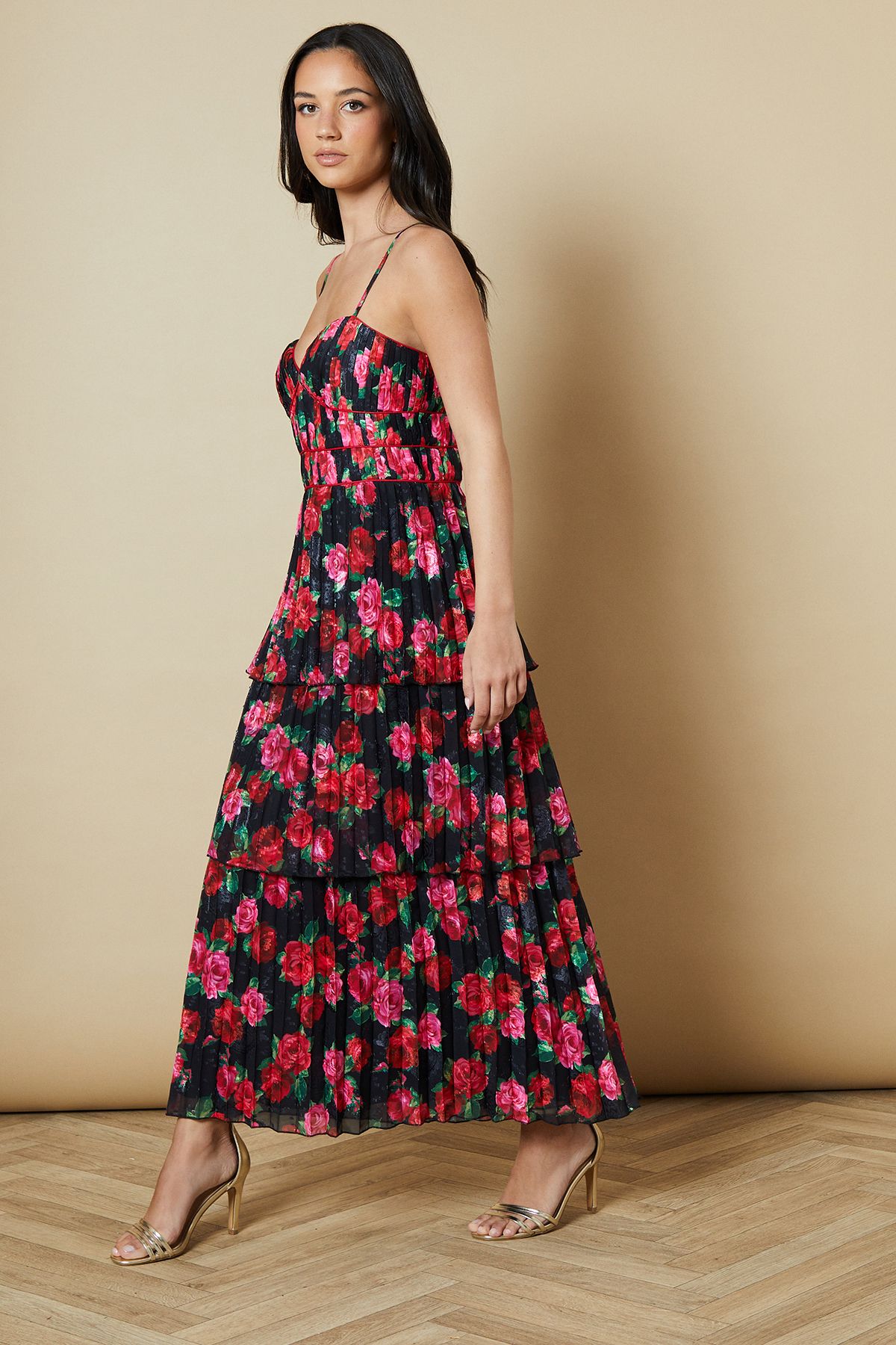 Oasis Pleated Tiered Midi Dress Black image 1