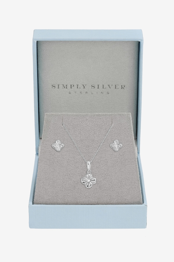 Simply Silver Sterling Silver 925 Polished Diamond Cut Clover Set - Gift Box
