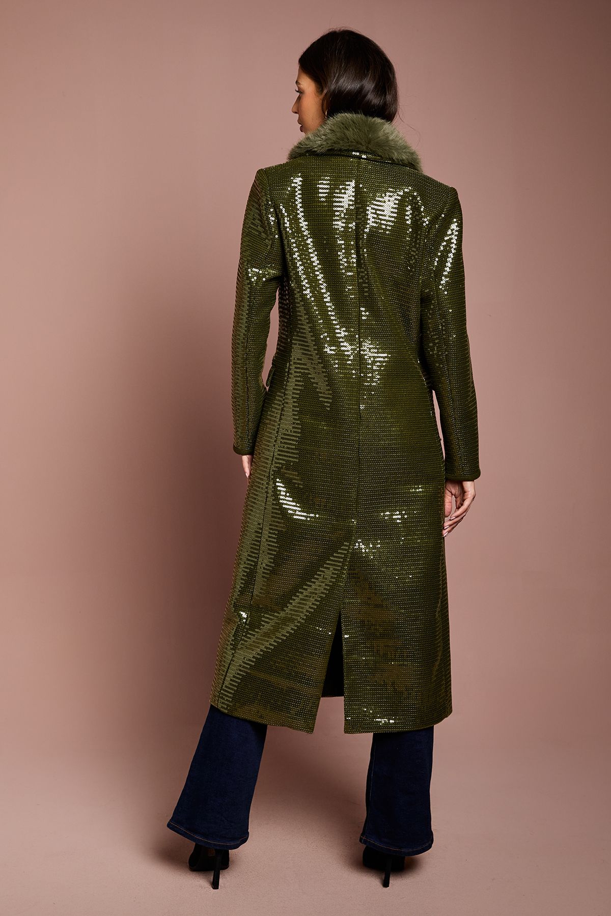 Coast Faux Fur Collar Sequin Longline Coat Olive image 3