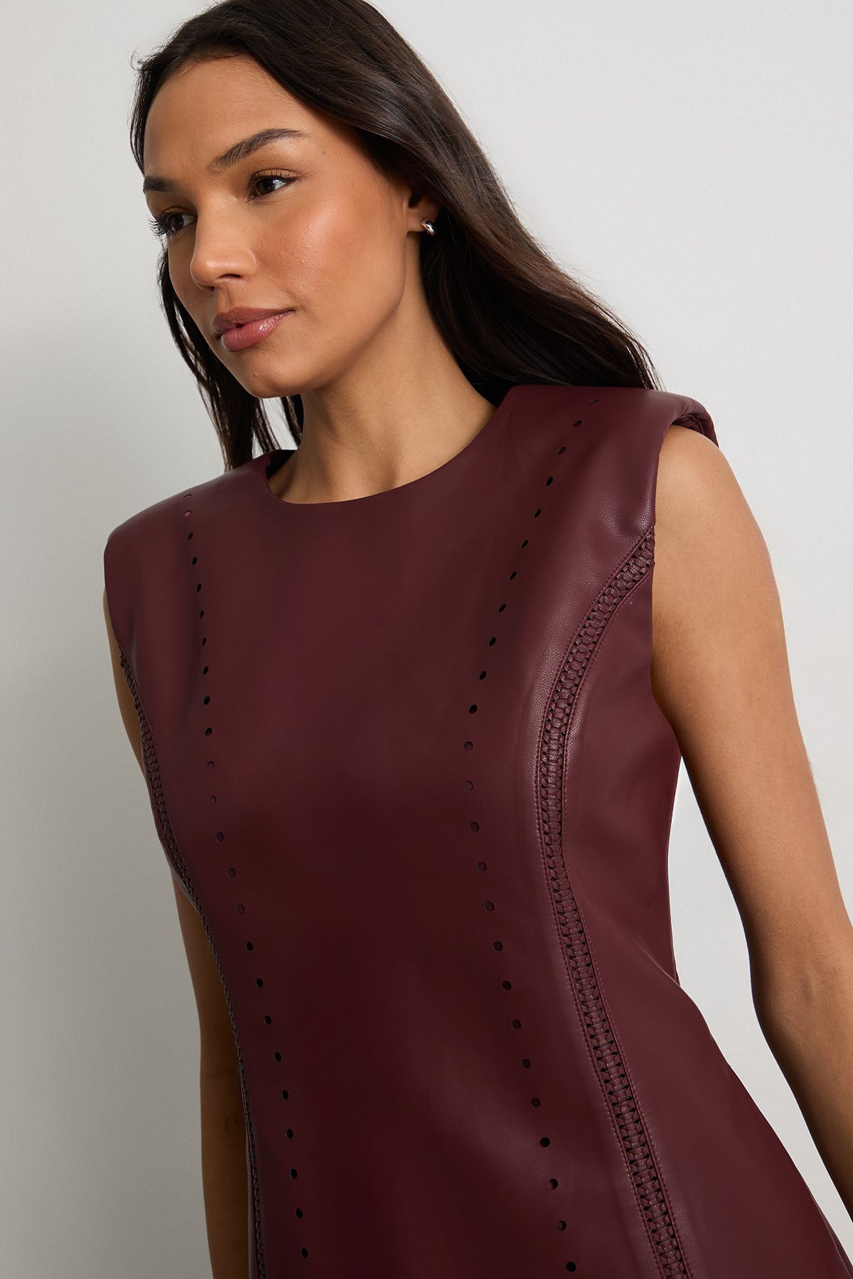 Warehouse Faux Leather Whipstitch Detail Shift Mini Dress Dark Red image 4
