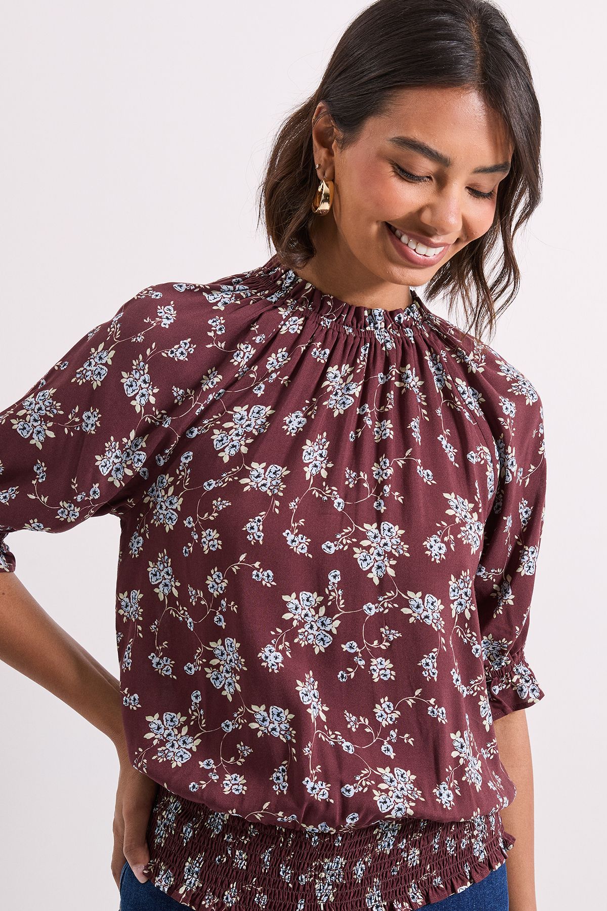 Dorothy Perkins Frill Neck Shirred Cuff Blouse Chocolate image 4