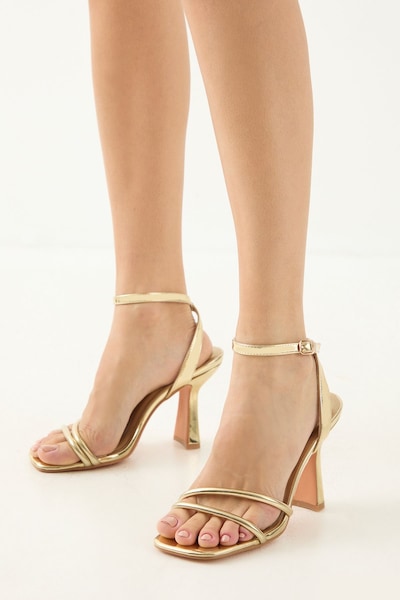 MissPap Faux Leather Double Strap Barely There High Stiletto Heel Sandals Gold