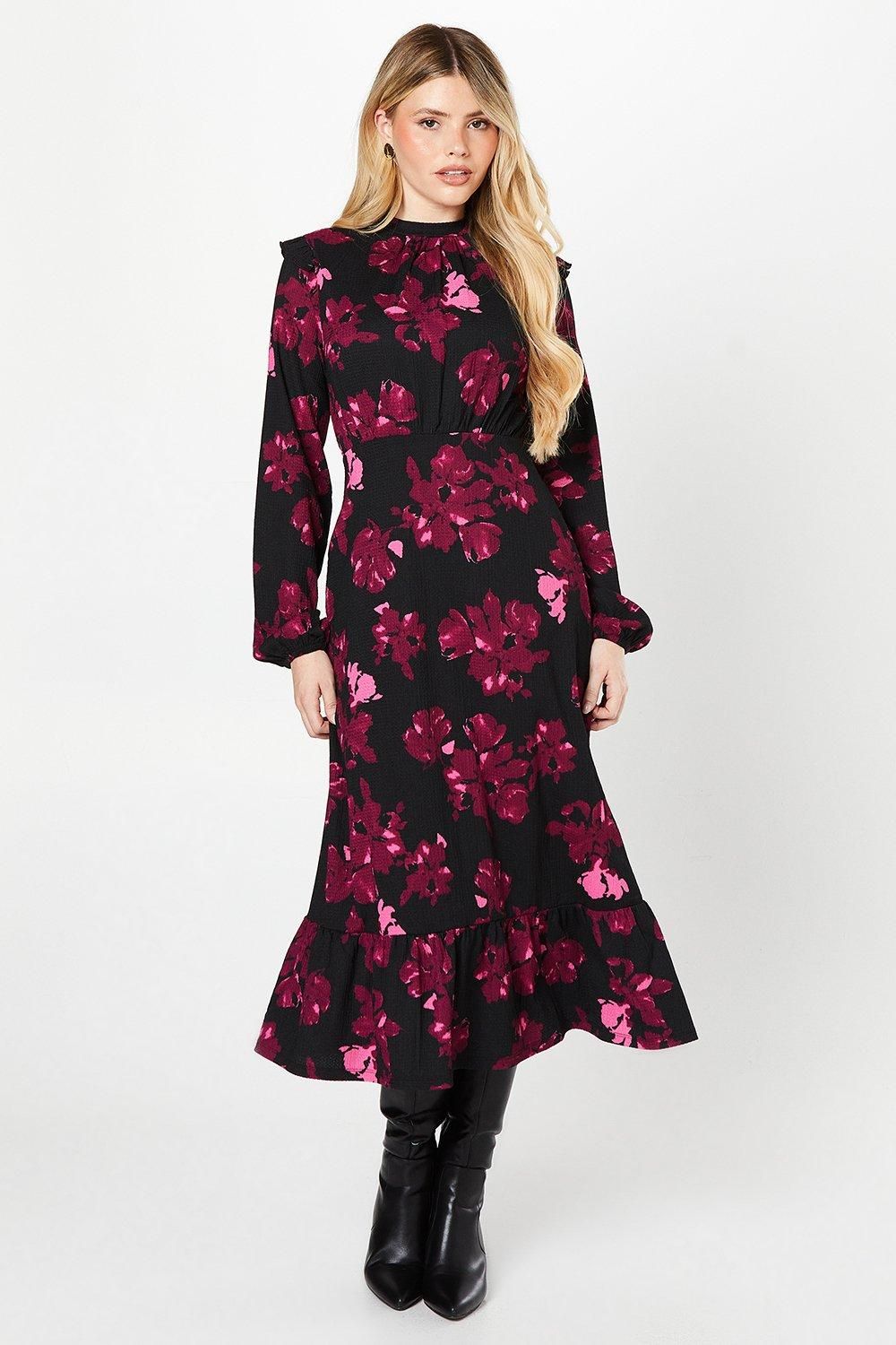 Dorothy Perkins Pink Floral Ruffle Hem Long Sleeve Midi Dress Floral
