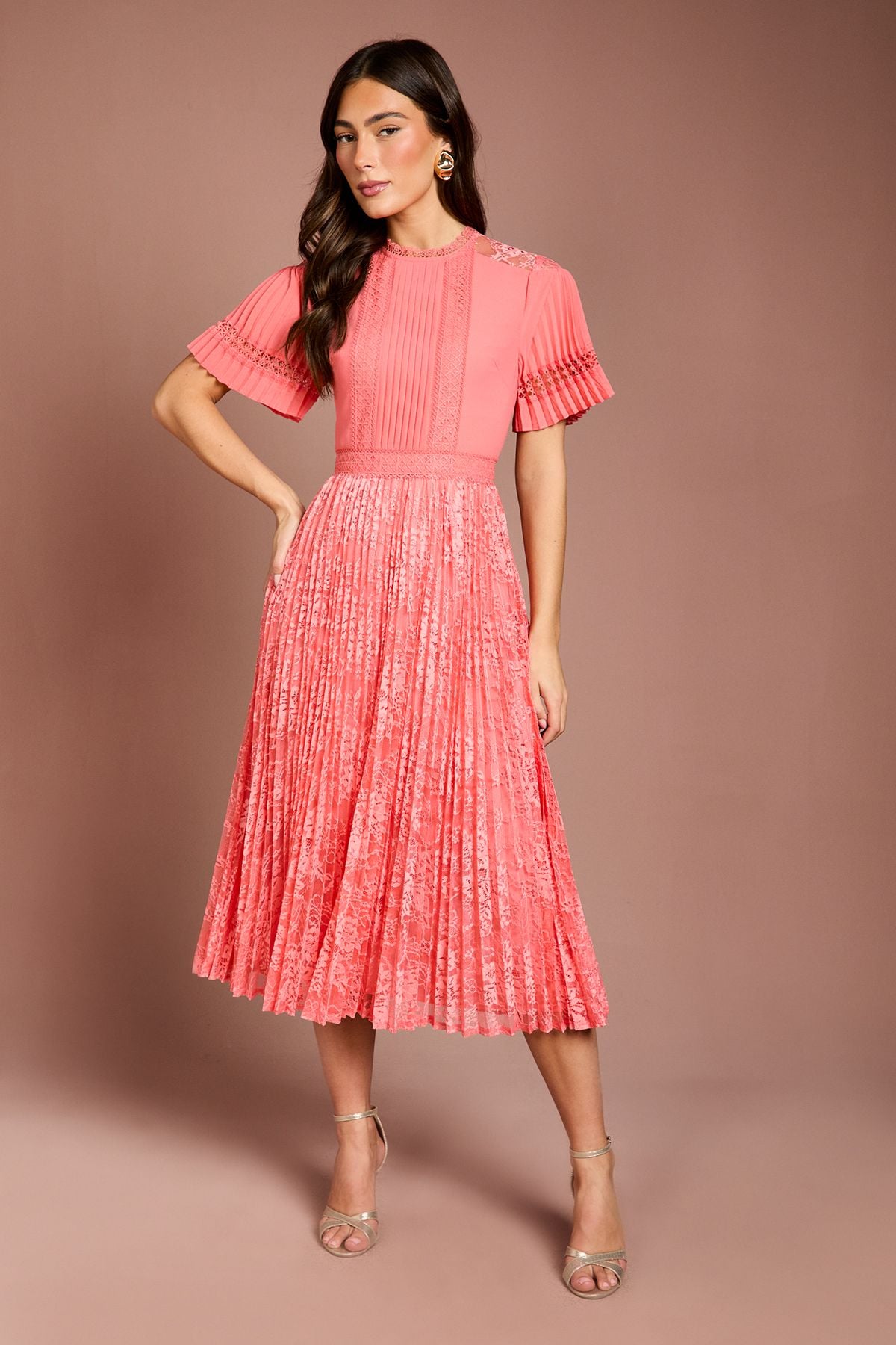 Coast Pleated Lace Midi Dress Coral