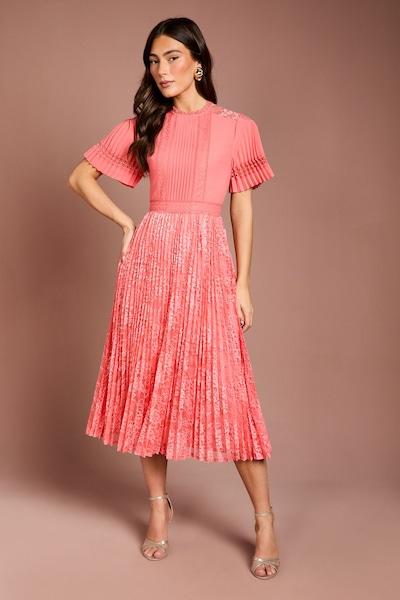 Coast Pleated Lace Midi Dress Coral