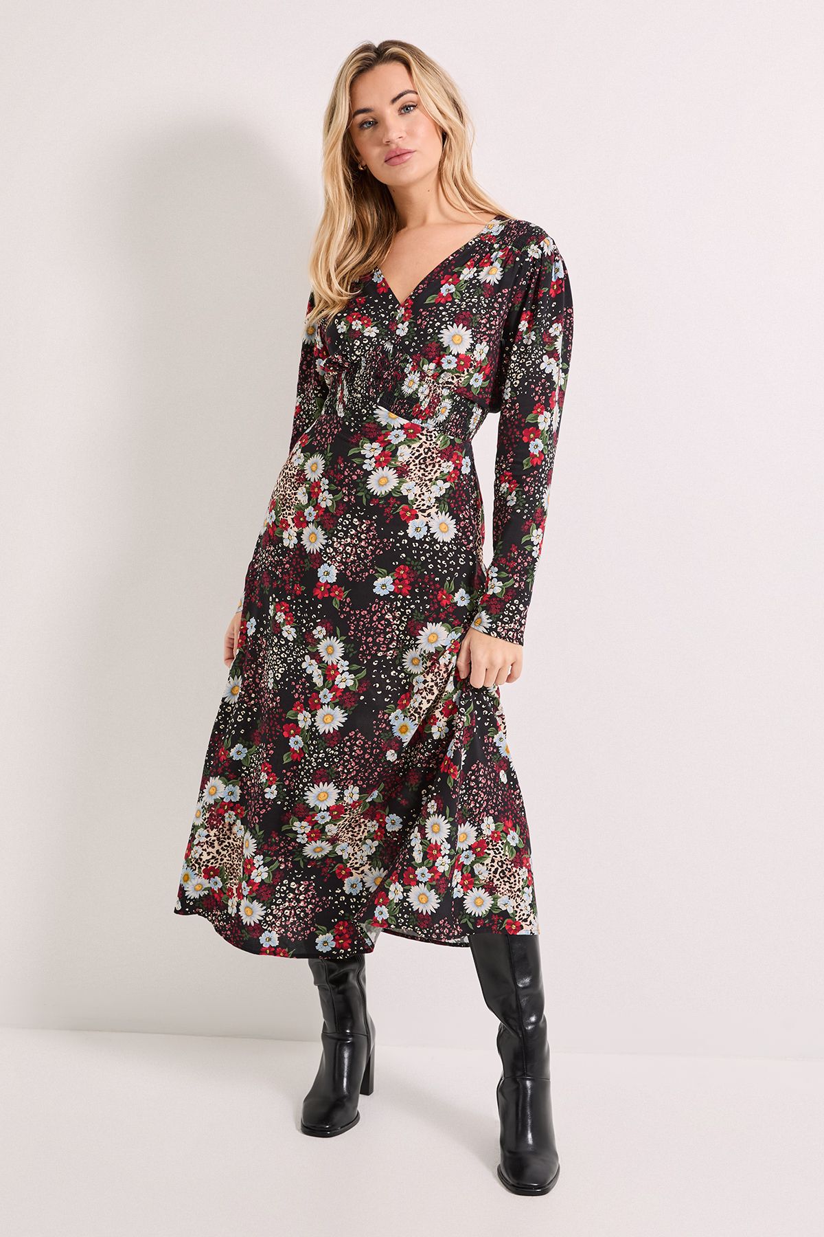 Dorothy Perkins Patchwork Floral Shirred Waist Button Detail Printed Midi Dress Multi image 1