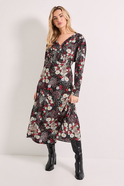 Dorothy Perkins Patchwork Floral Shirred Waist Button Detail Printed Midi Dress Multi