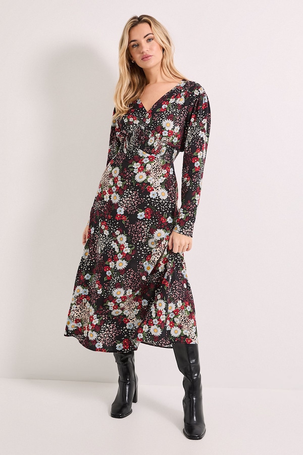 Dorothy Perkins Patchwork Floral Shirred Waist Button Detail Printed Midi Dress Multi