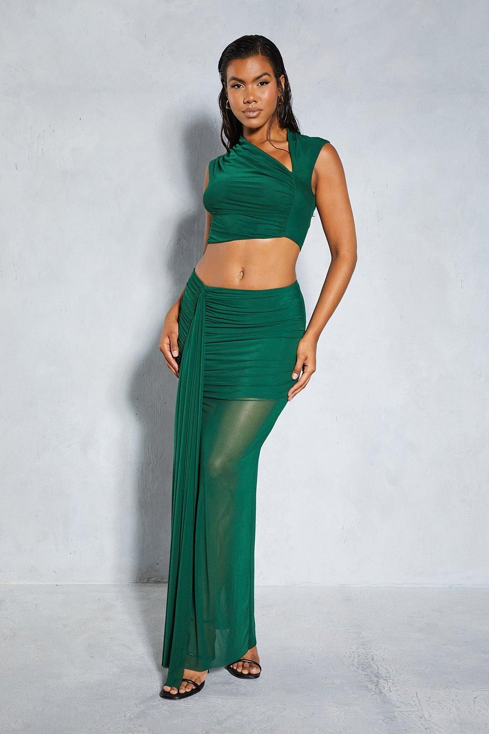 MissPap Mesh Sleeveless Cut Out Detail Top & Ruched Maxi Skirt Co-ord Dark Green image 4