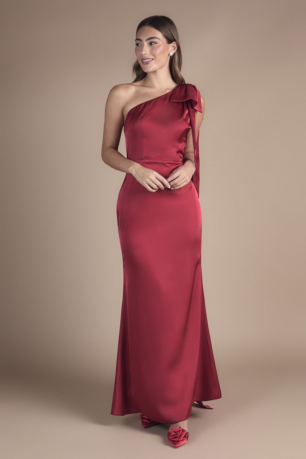 Coast Bow And Drape Detail One Shoulder Satin Bridesmaid Dress Red