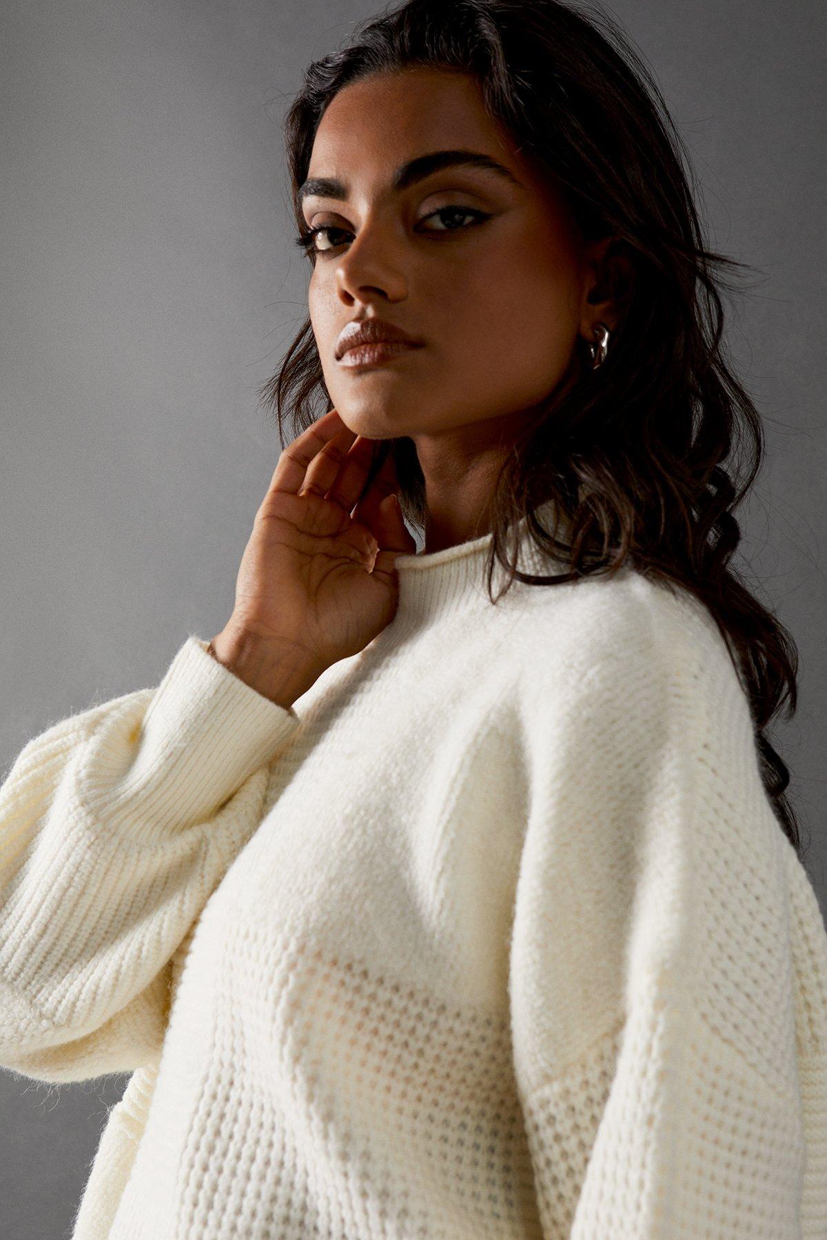 Warehouse Patchwork Stitch Jumper Ecru image 4