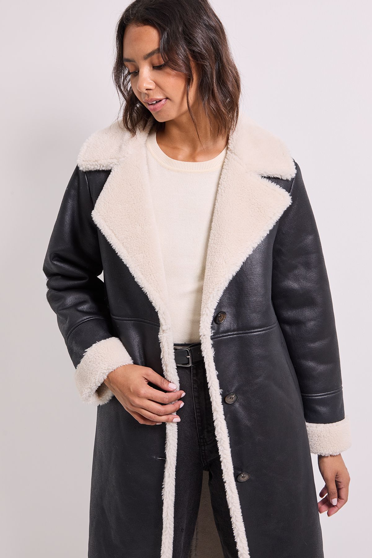 Dorothy Perkins Shearling Midi Coat Black image 2