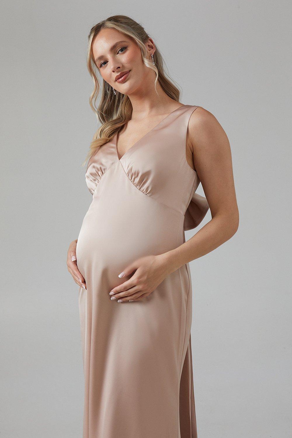 Coast Maternity Bow Back V Neck Satin Bridesmaid Dress Mocha image 2