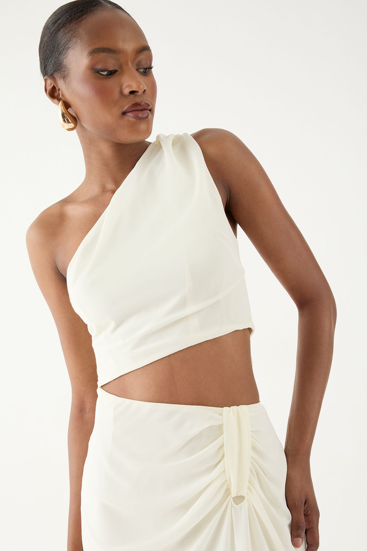 MissPap Asymmetric Shoulder Cut Out Ruched Maxi Dress Butter image 3