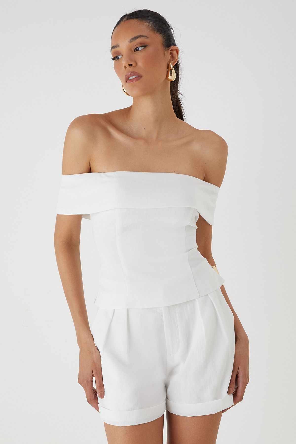 MissPap Linen Look Bardot Fold Over Top White image 1