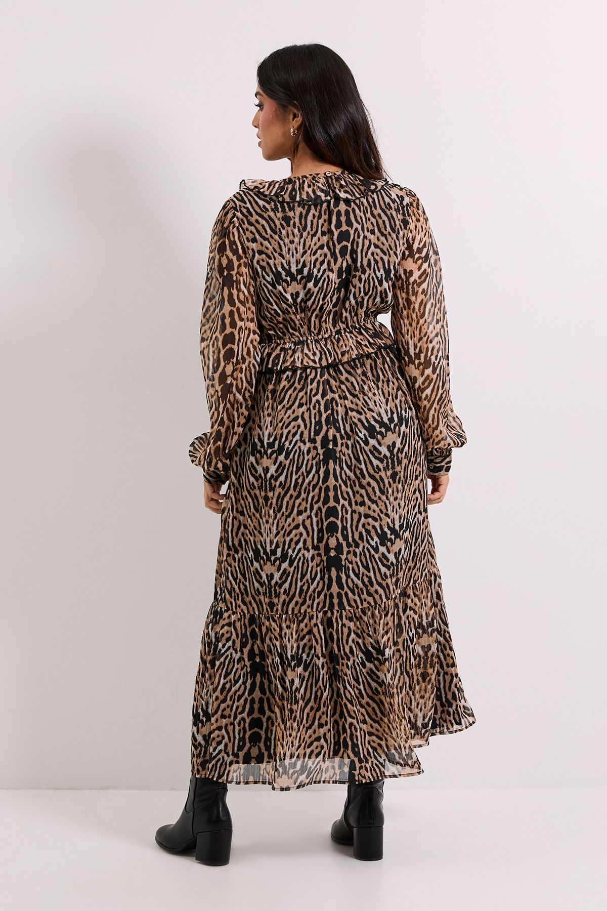 Dorothy Perkins Petite Leopard Pleat Bodice Ruffle Neck Blouson Sleeve Midaxi Dress Leopard image 3