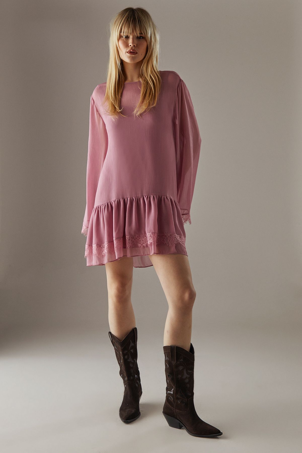 Warehouse Chiffon Lace Flared Sleeve Drop Hem Mini Dress Rose image 2