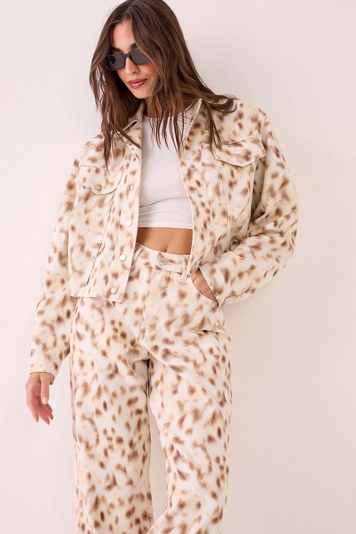 NastyGal Deer Print Ovoid Cropped Denim Jacket Cream image 1