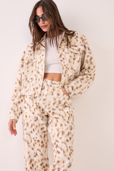 NastyGal Deer Print Ovoid Cropped Denim Jacket Cream