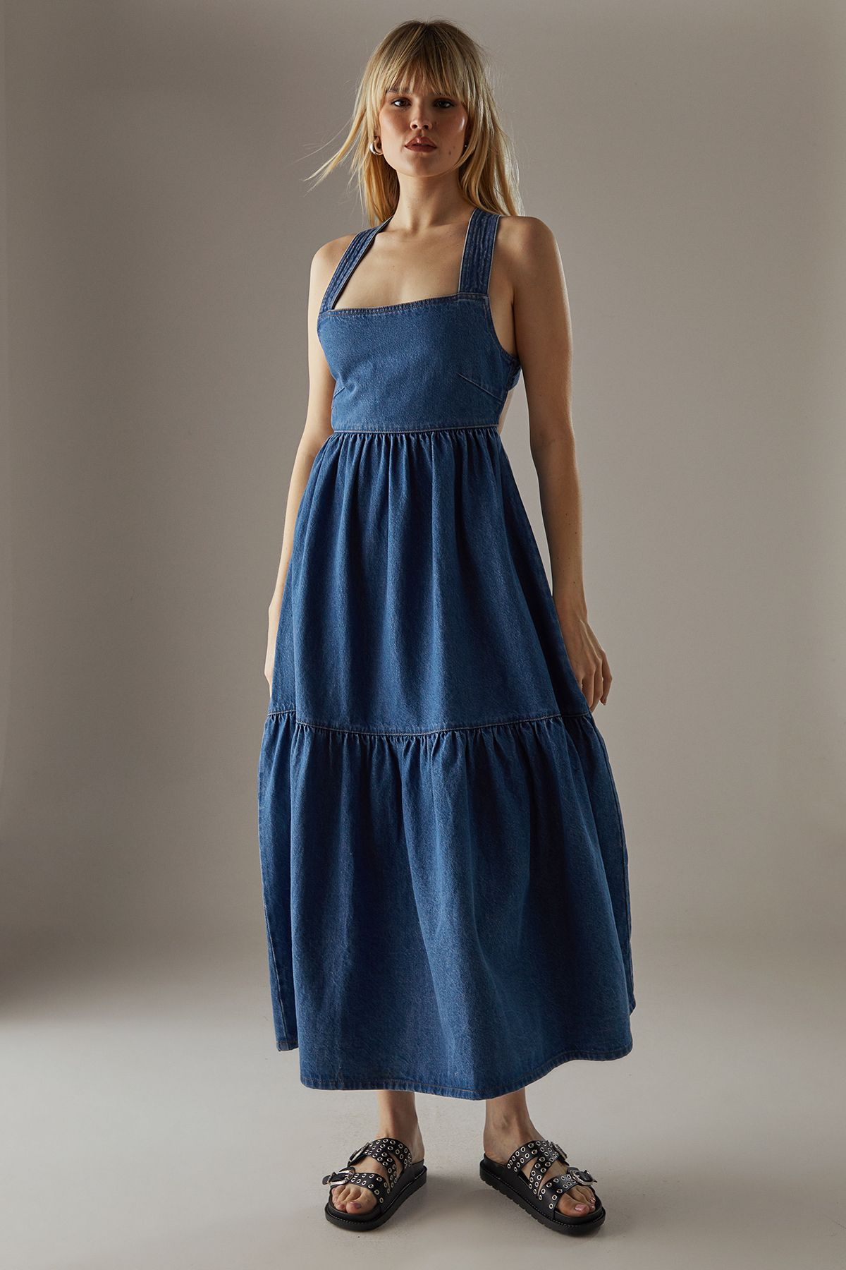 Warehouse Cross Back Denim Midi Dress Dark Wash image 2