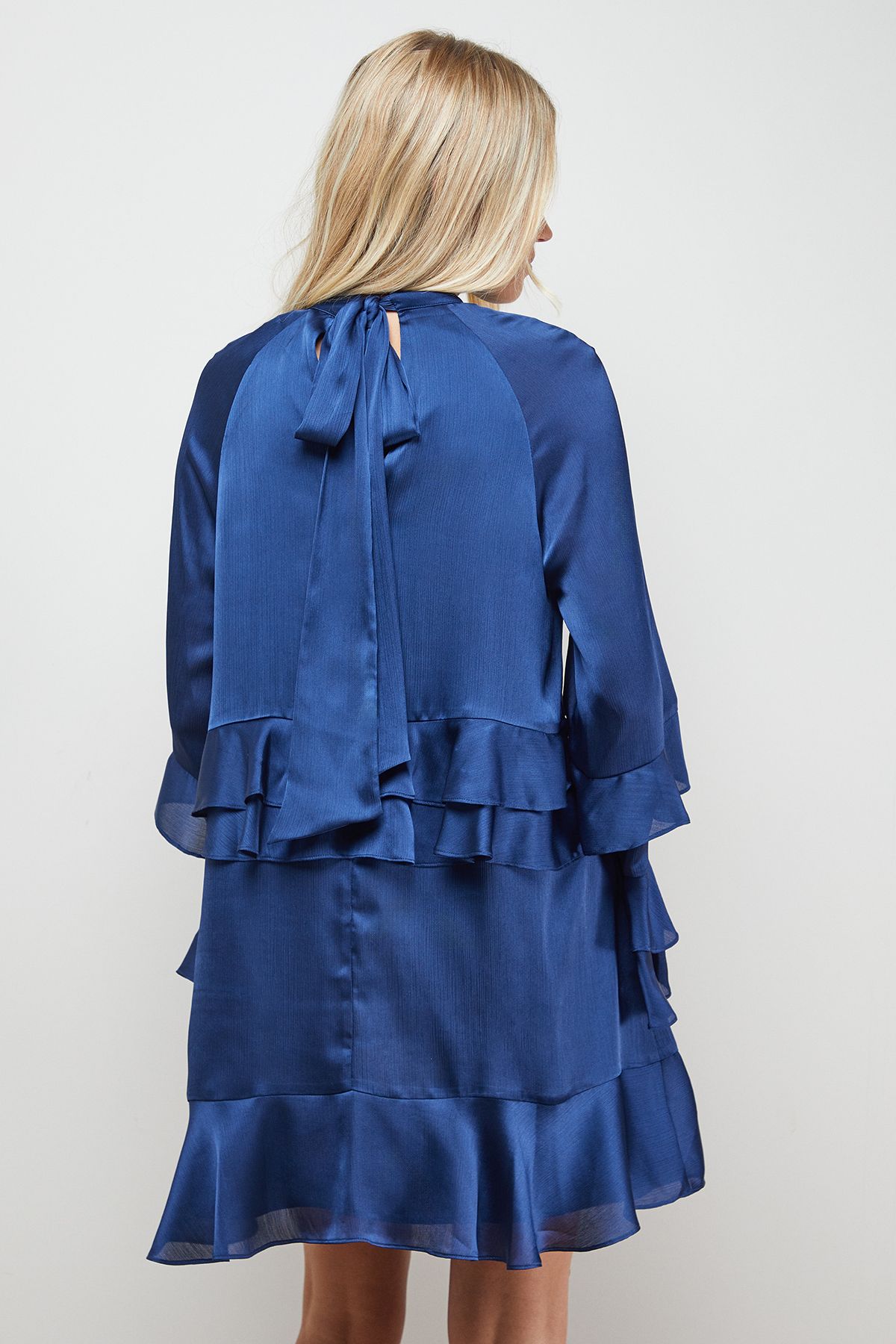 Oasis Layered Ruffle Sleeve Bow Back Mini Dress Navy image 3