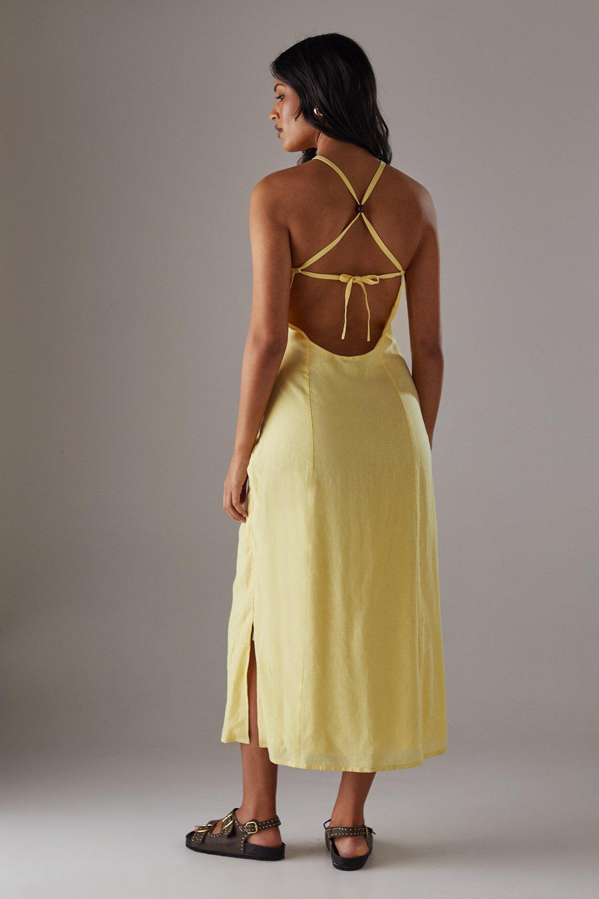 Warehouse Premium Linen Blend Racer Tie Back Midi Dress Yellow image 1