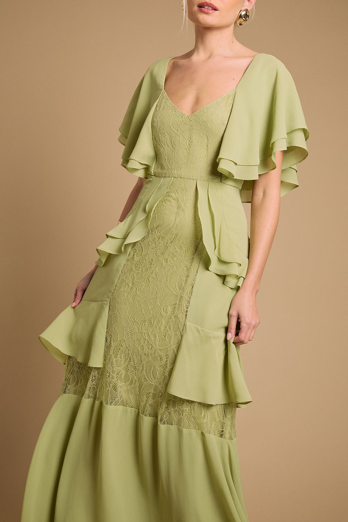 Oasis Lace Panel Ruffle Maxi Dress Green image 4