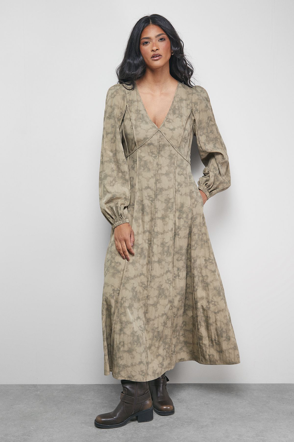 Warehouse Washed Seam Detail Plunge Neck Midi Dress Brown image 1