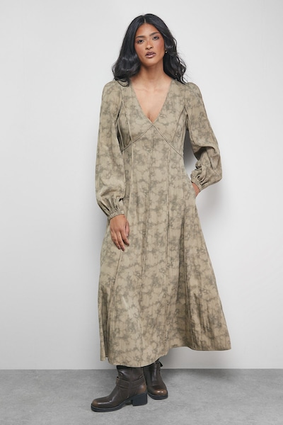 Warehouse Washed Seam Detail Plunge Neck Midi Dress Brown