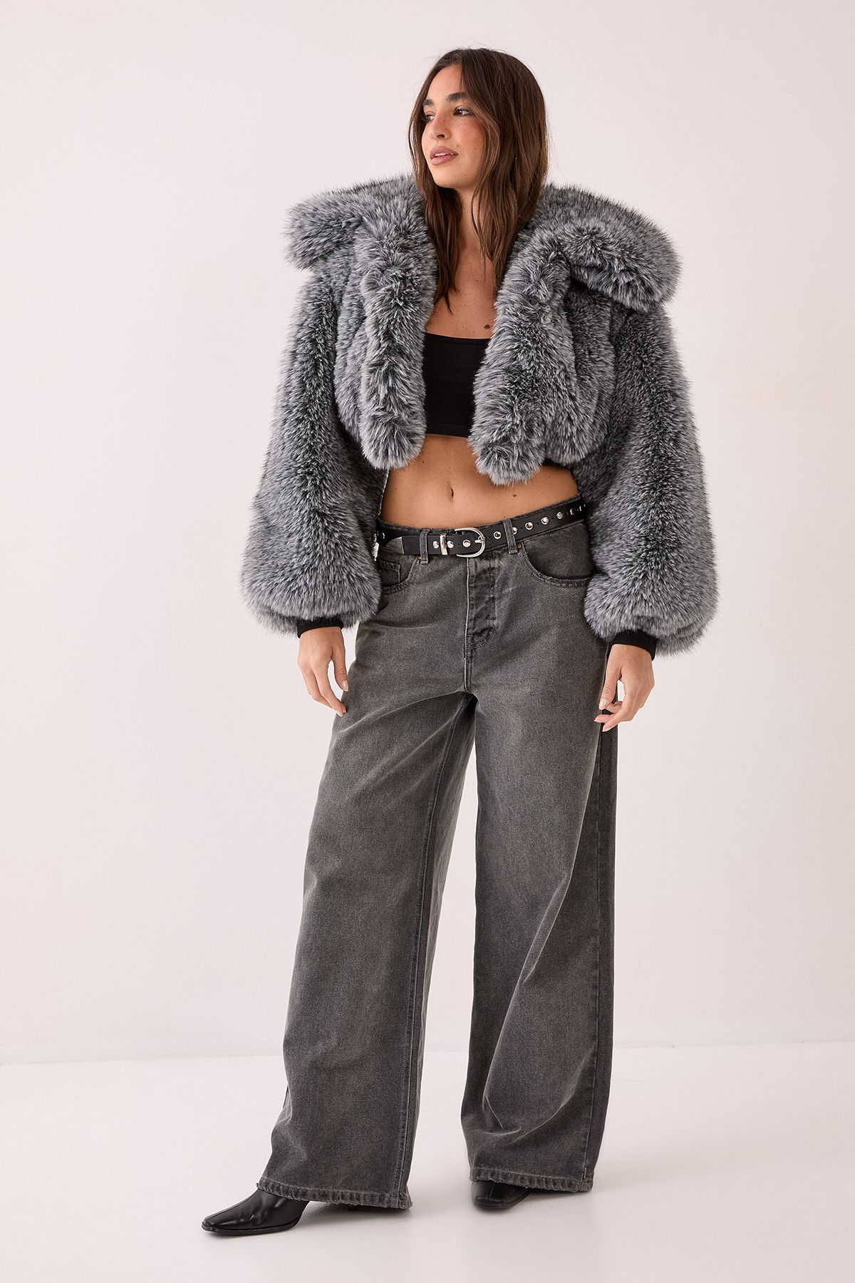 NastyGal Premium Tipped Natural Faux Fur Bomber Coat Grey image 1
