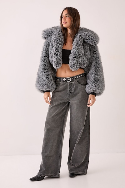 NastyGal Premium Tipped Natural Faux Fur Bomber Coat Grey