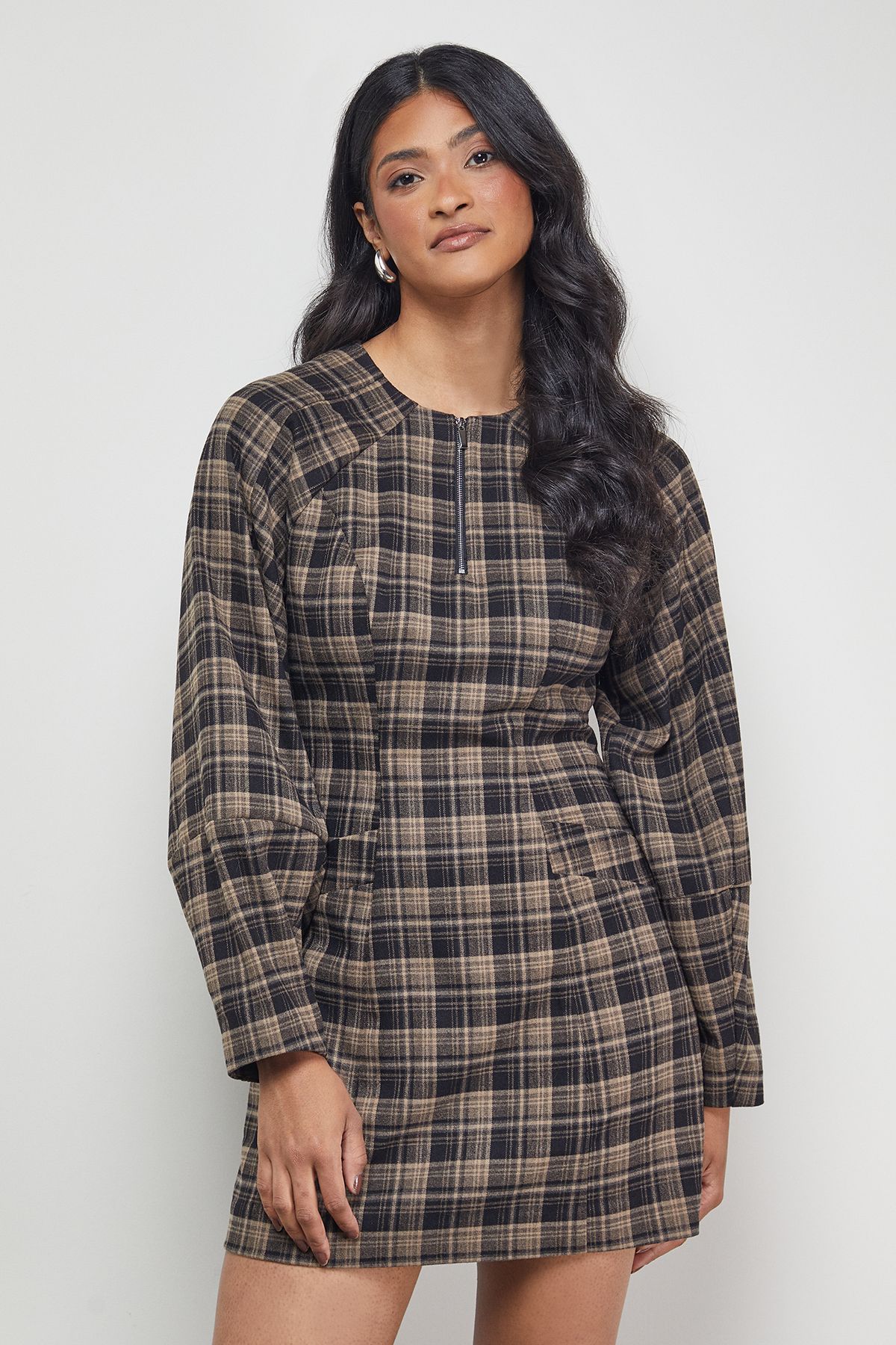 Warehouse Check Structured Seam Zip Front Mini Dress Brown image 1