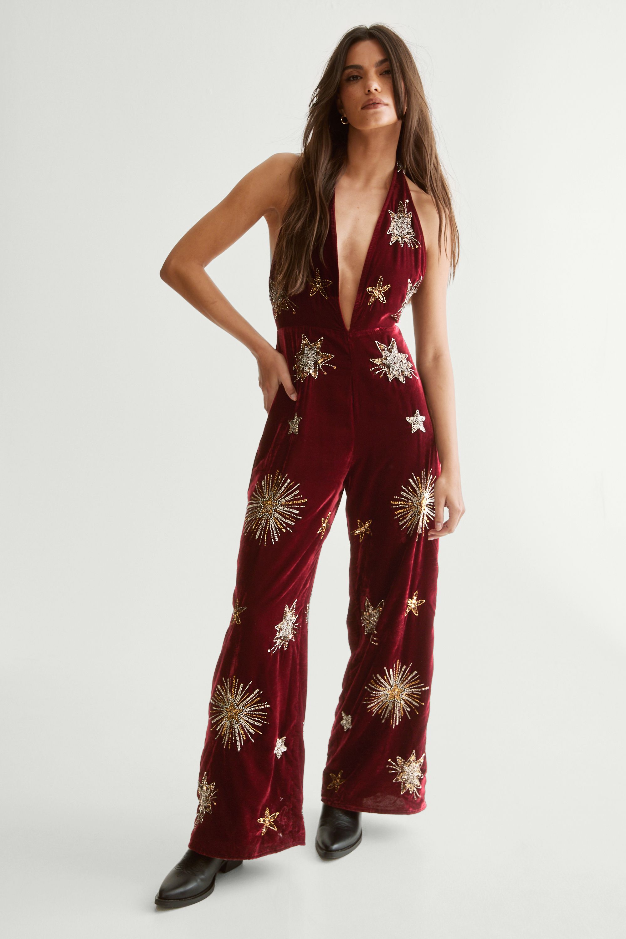 NastyGal Star Embellished Velvet Halter Jumpsuit Wine image 2