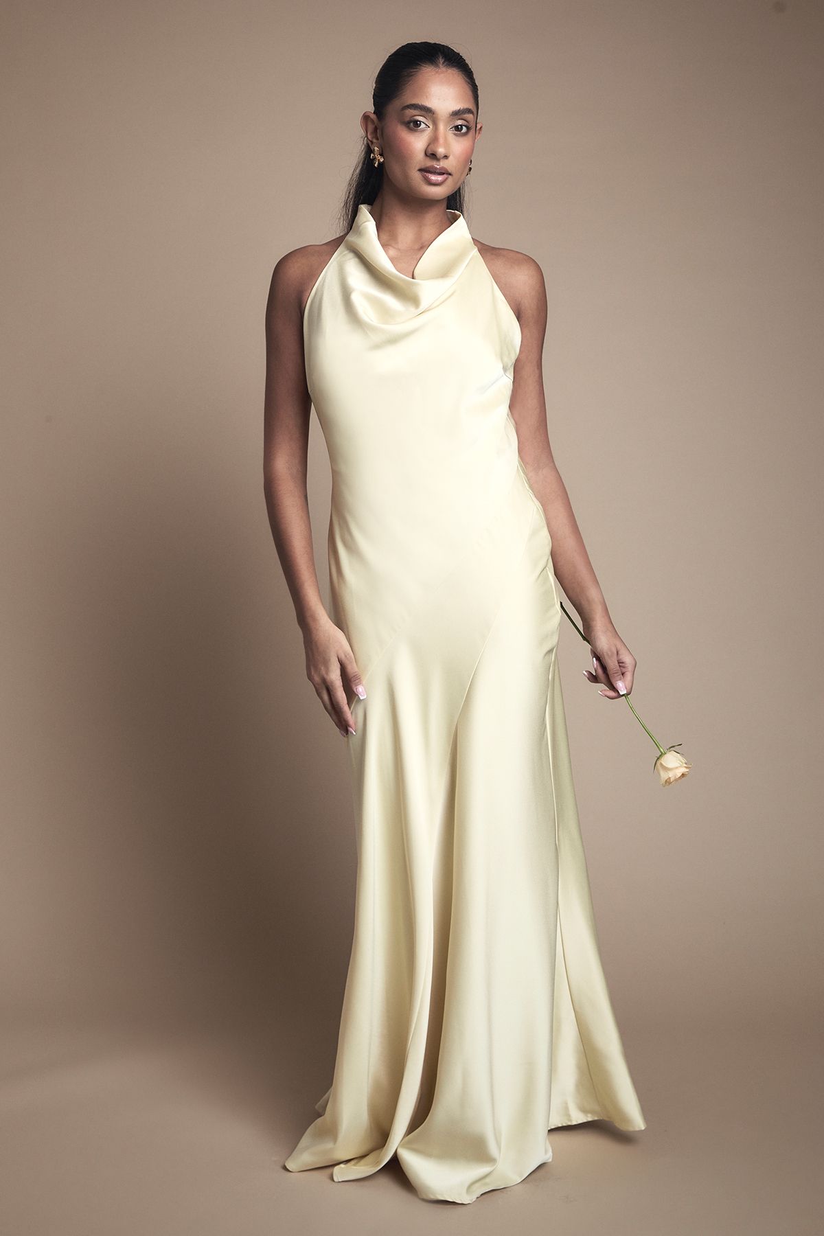 Oasis Oasis by Coast Cowl Halterneck Satin Maxi Bridesmaid Dress Lemon