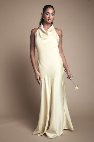 Oasis Oasis by Coast Cowl Halterneck Satin Maxi Bridesmaid Dress Lemon