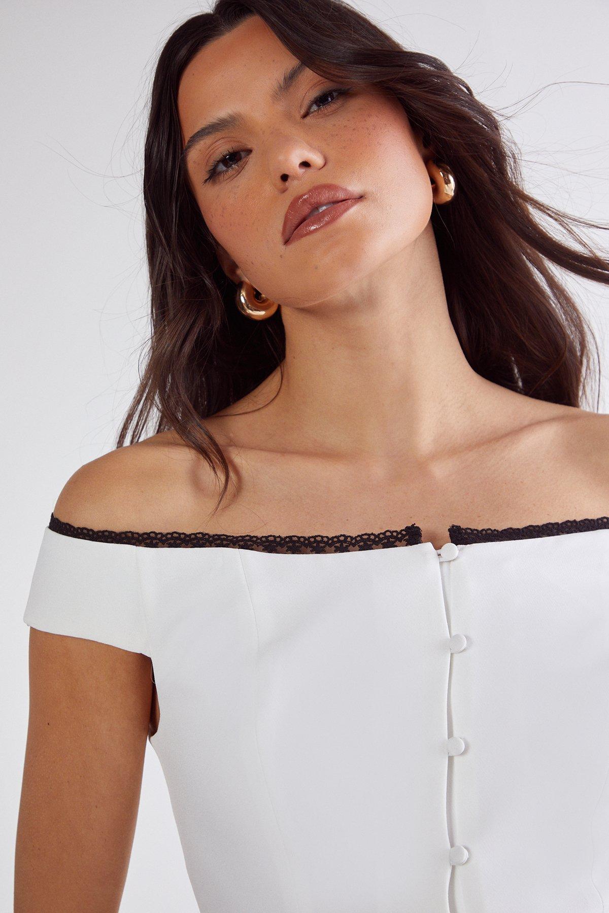 NastyGal Lace Trim Tailored Bardot Top Ivory image 3