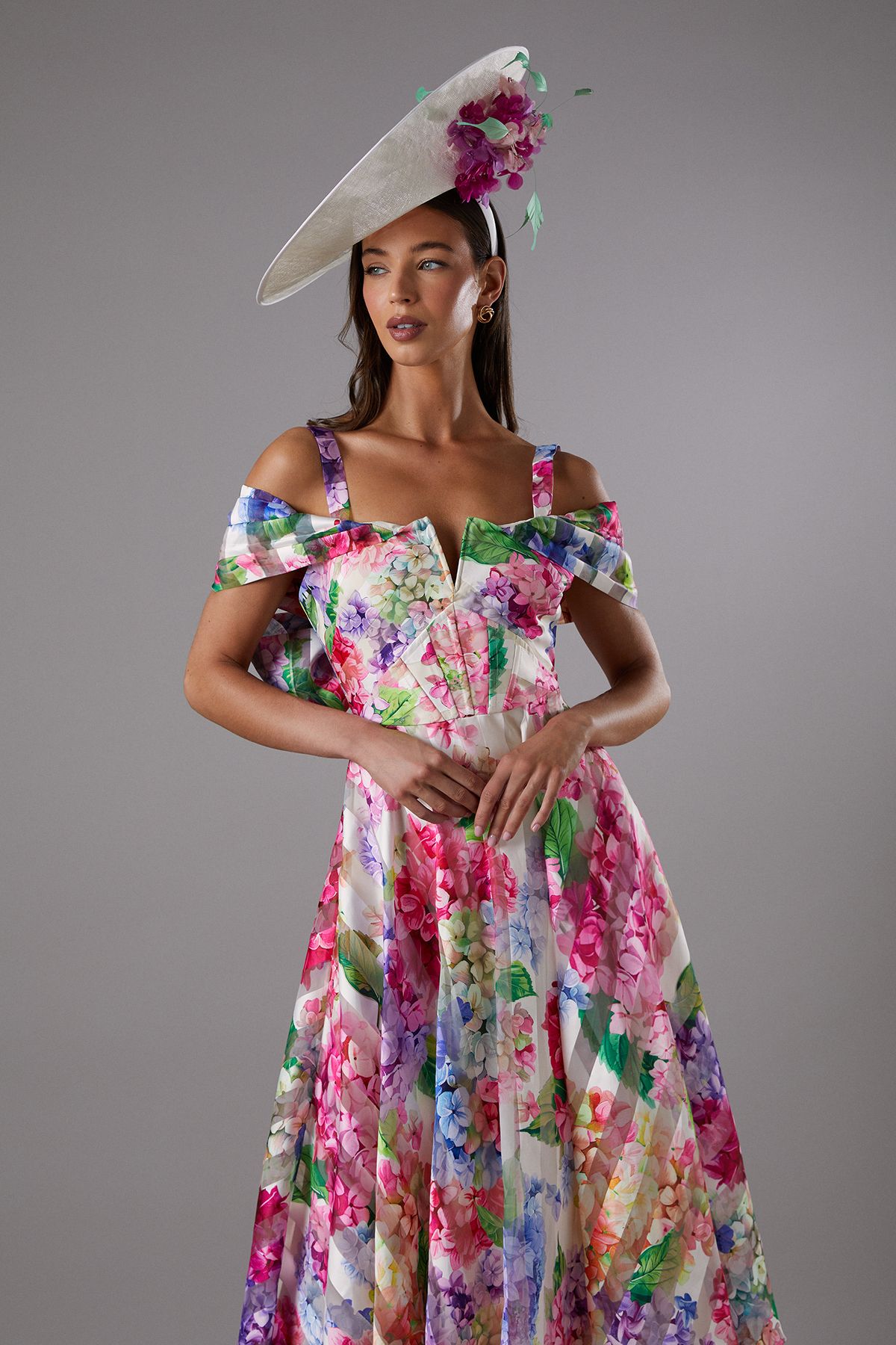 Coast Lisa Tan Printed Organza Bardot Midi Dress Multi image 2