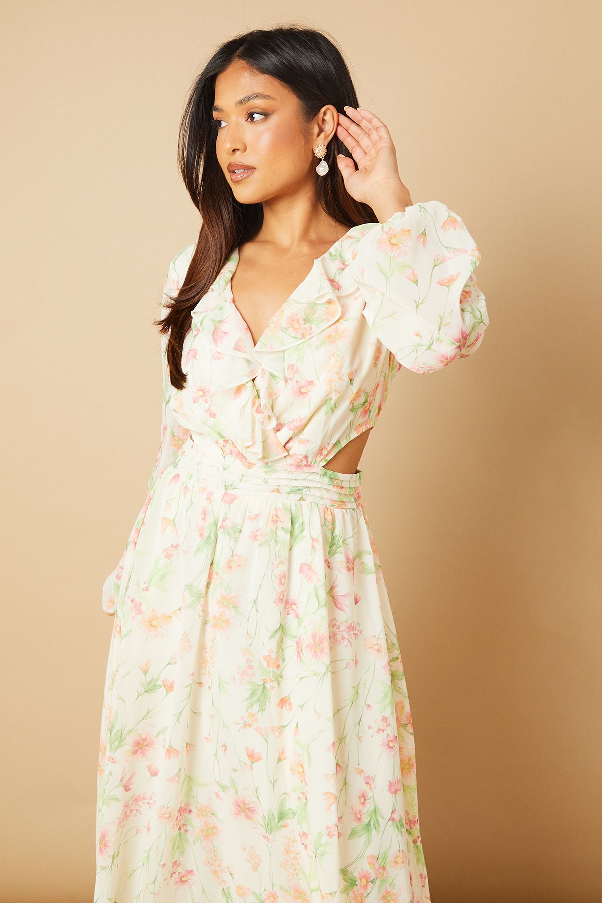 Oasis Petite Printed Cut Out Long Sleeve Midi Dress Ivory image 2