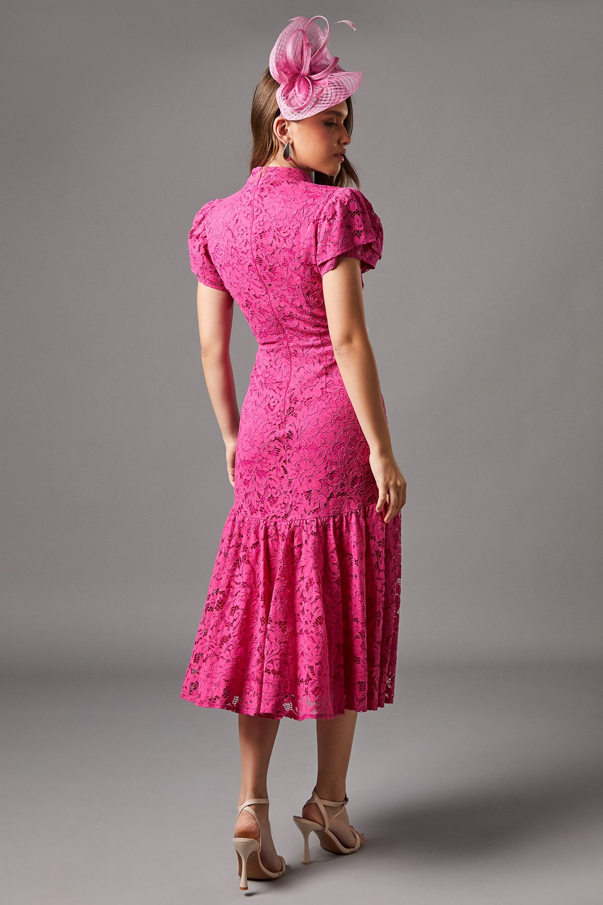 Coast Lace Frill Sleeve High Neck Midi Dress Pink image 3