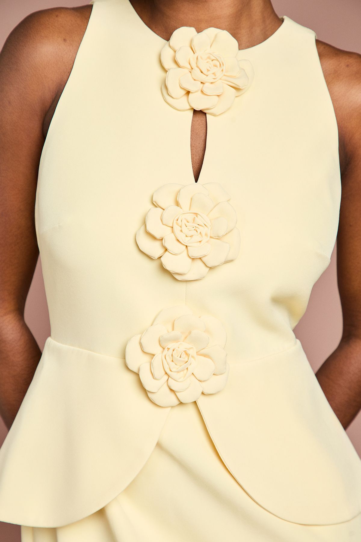 Coast Lisa Tan Crepe Rosette Detail Peplum Pencil Dress Lemon image 2